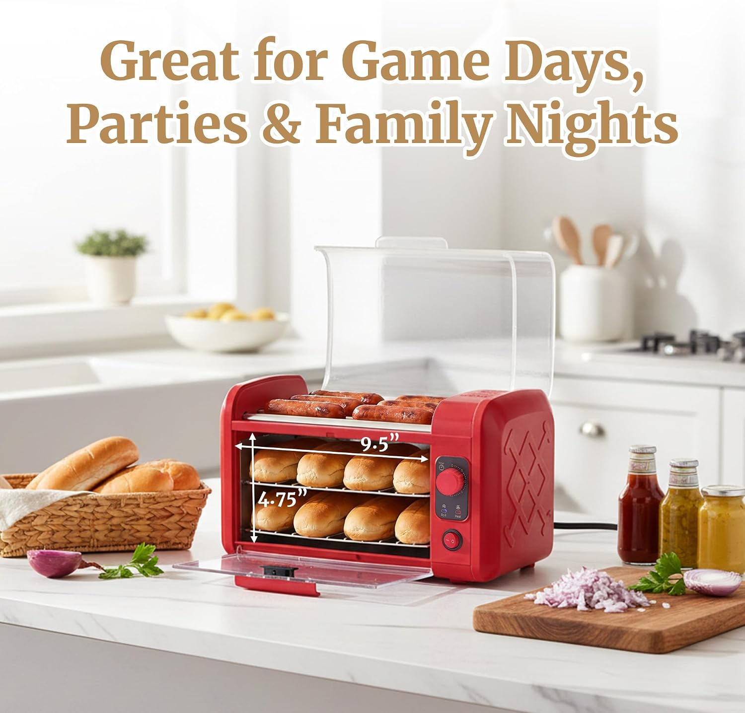 Elite Gourmet 8-Hot Dog Roller/Toaster Oven, 5 Rollers, Auto Shut-Off, Red